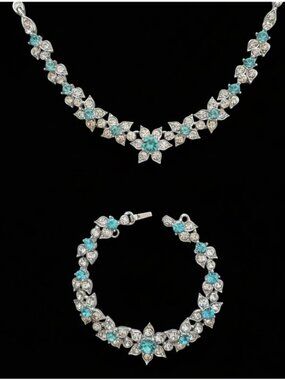 Vintage Bogoff Rhinestone Necklace & Bracelet Set – Aquamarine & Clear Floral
